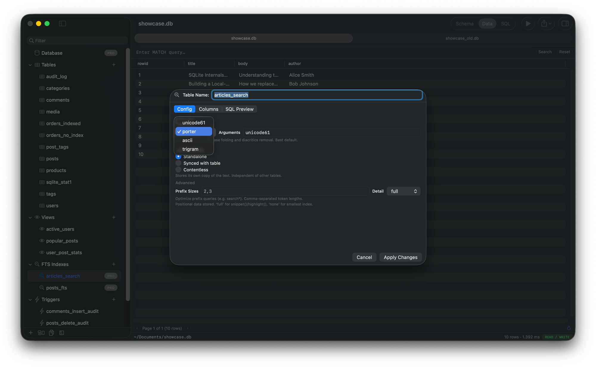 FTS5 Manager — tokenizer config, content mode, prefix sizes for full-text search indexes