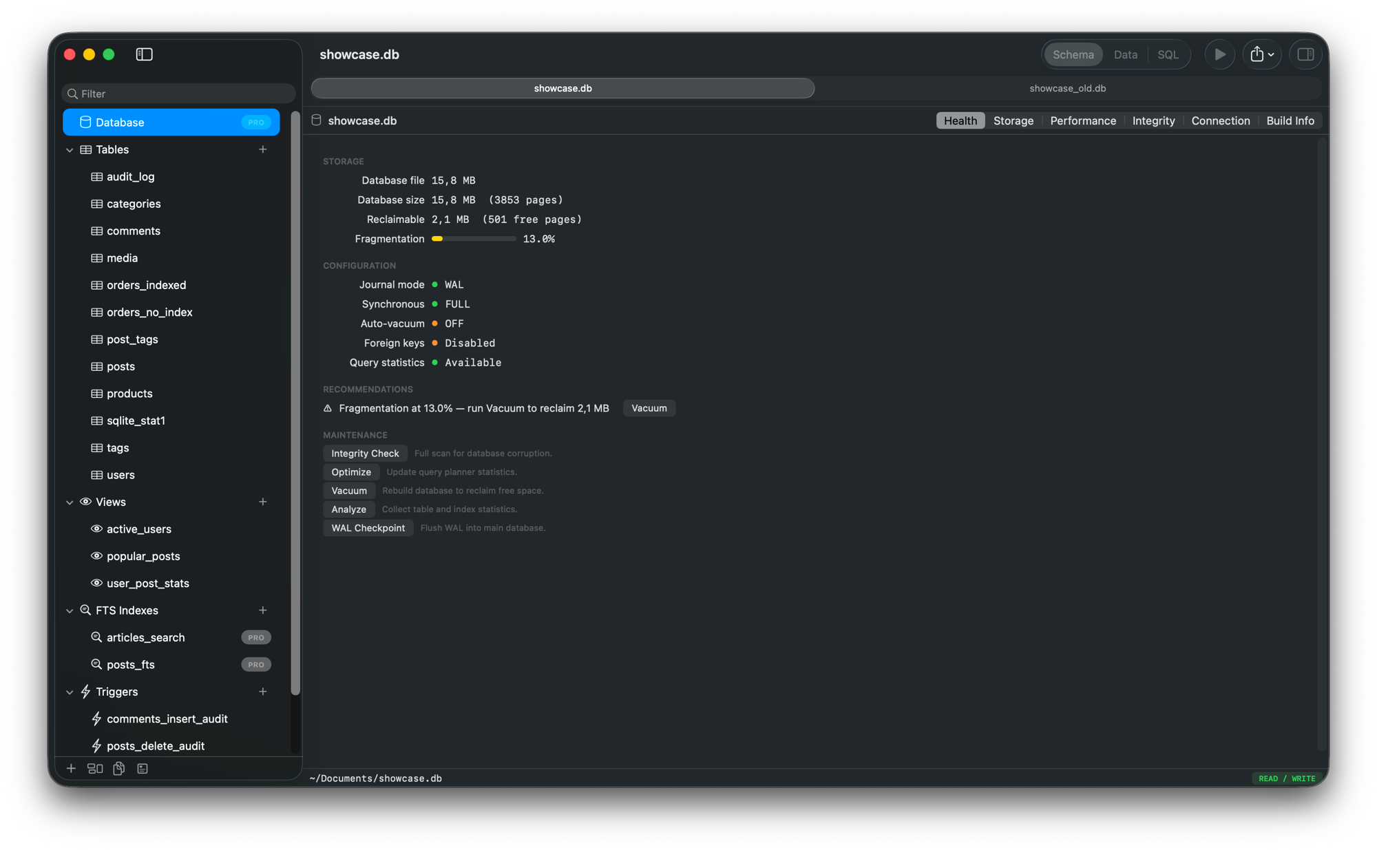 PRAGMA inspector — storage stats, configuration, recommendations, and one-click maintenance