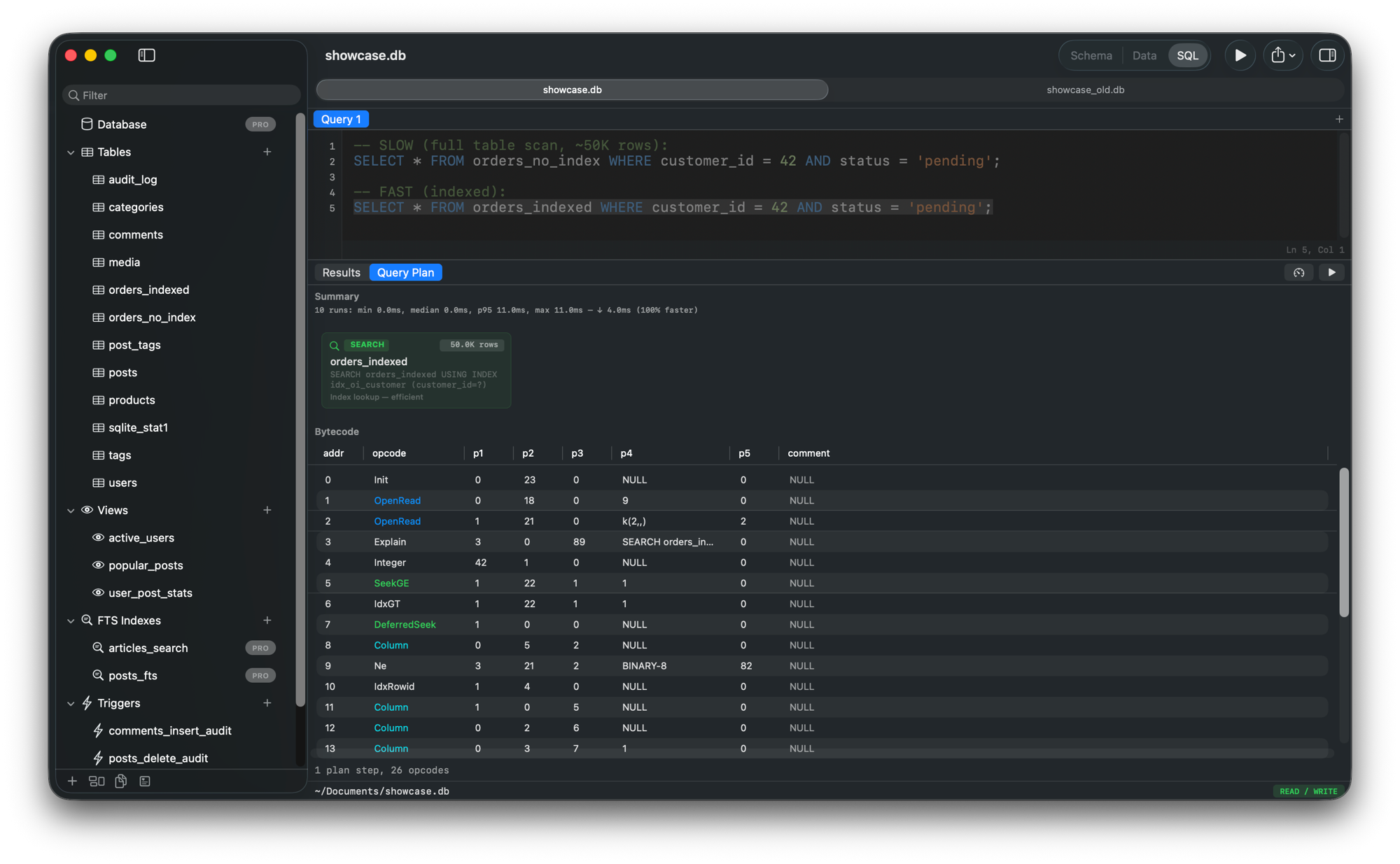 Performance profiler — 10 runs with min/median/p95/max timing on a full table scan