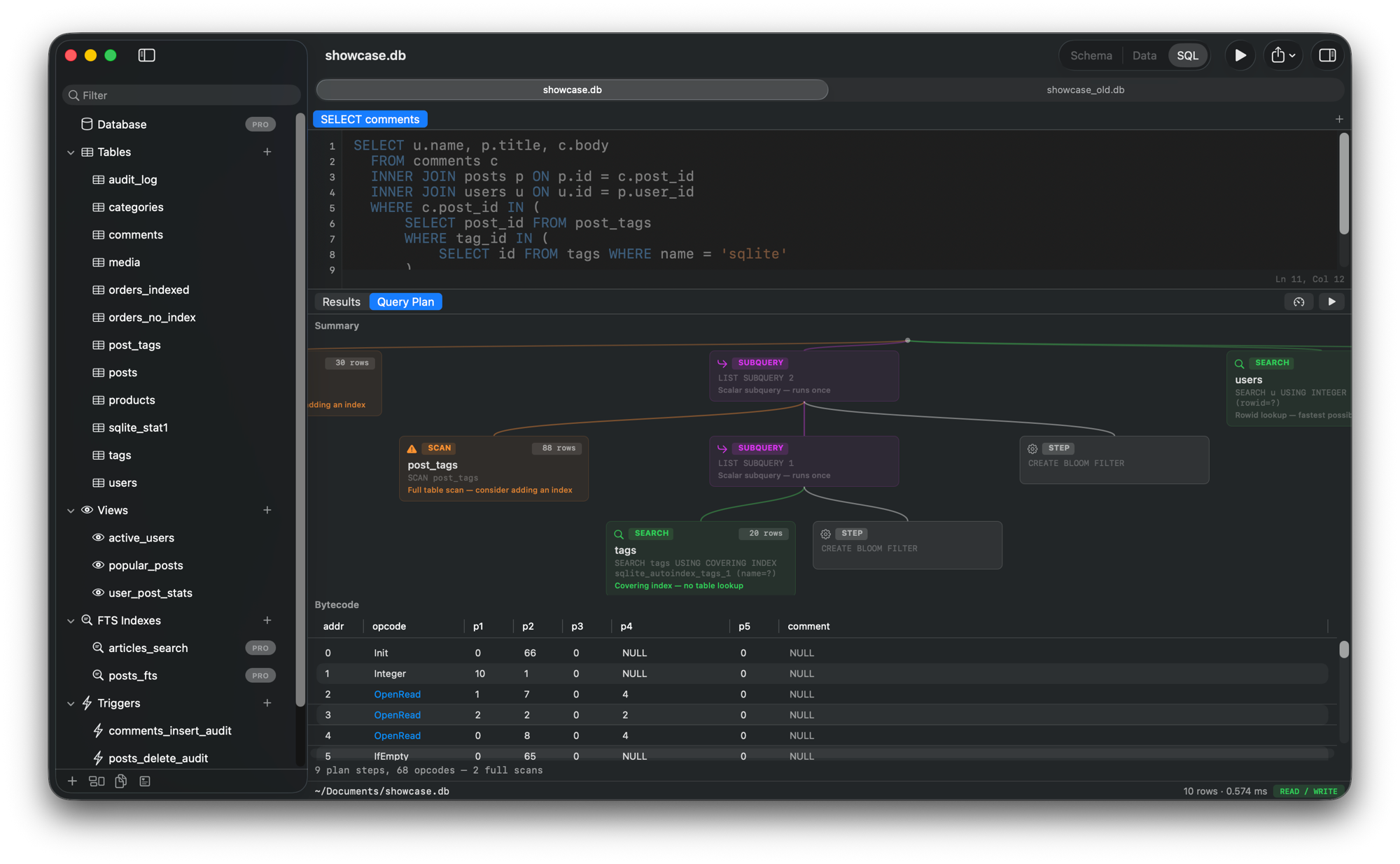 Visual query plan — SCAN and SEARCH cards with bytecode view