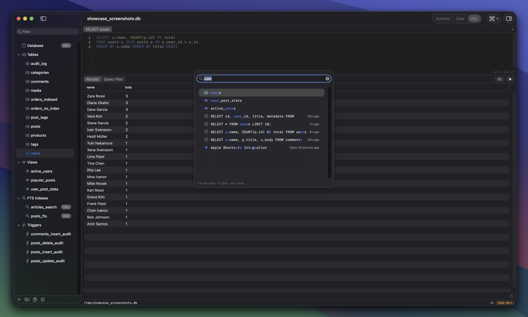 Quick Open — fuzzy search command palette for tables, views, and actions