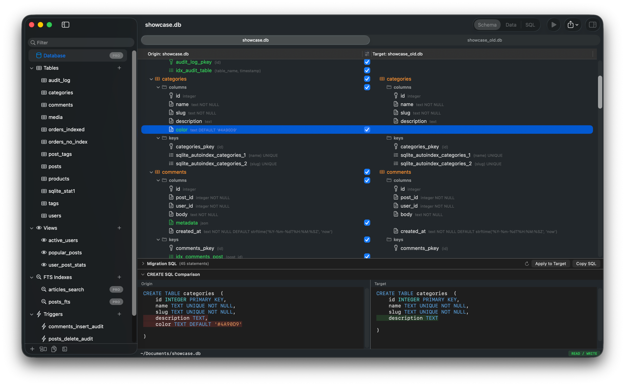 Schema diff — side-by-side comparison with migration SQL generation